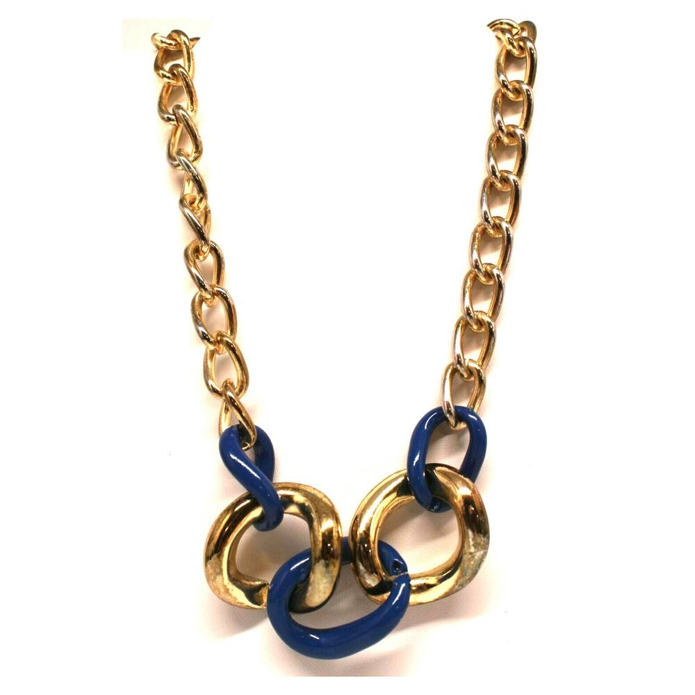 Vintage Anne Klein Chunky Chain Goldtone Blue Enamel Necklace 17"